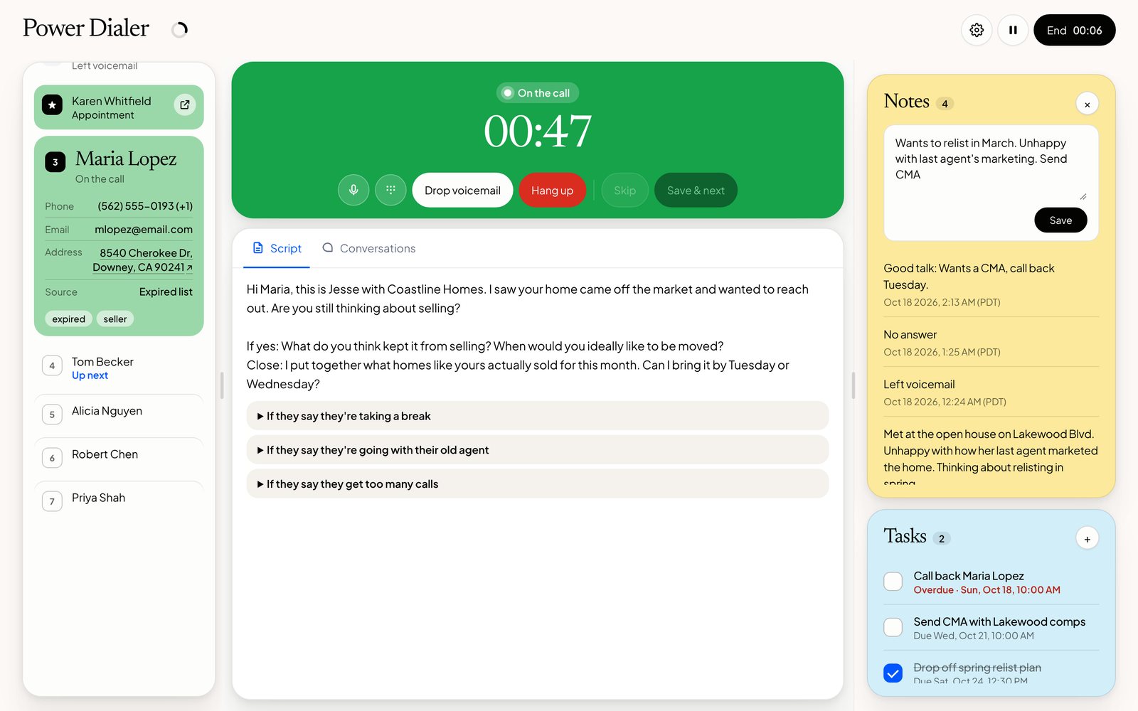 The Jtek Power Dialer on a live call: the lead's details on the left, the call timer, script and objection answers in the middle, notes and tasks on the right