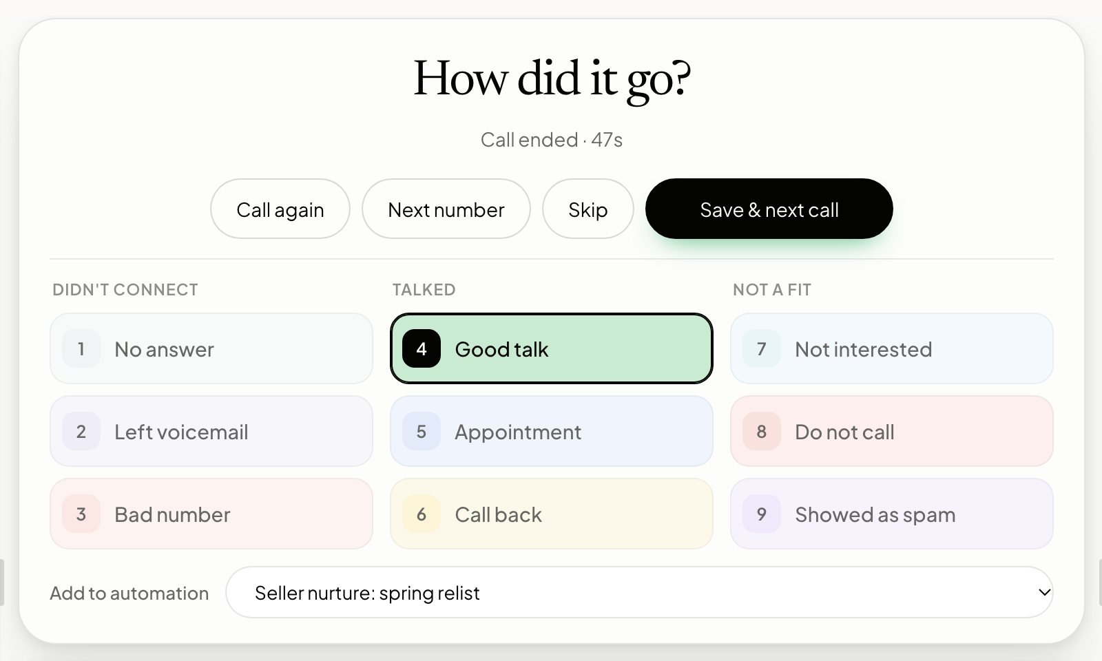 How did it go? Nine outcome buttons, Good talk picked, and an automation chosen for the lead
