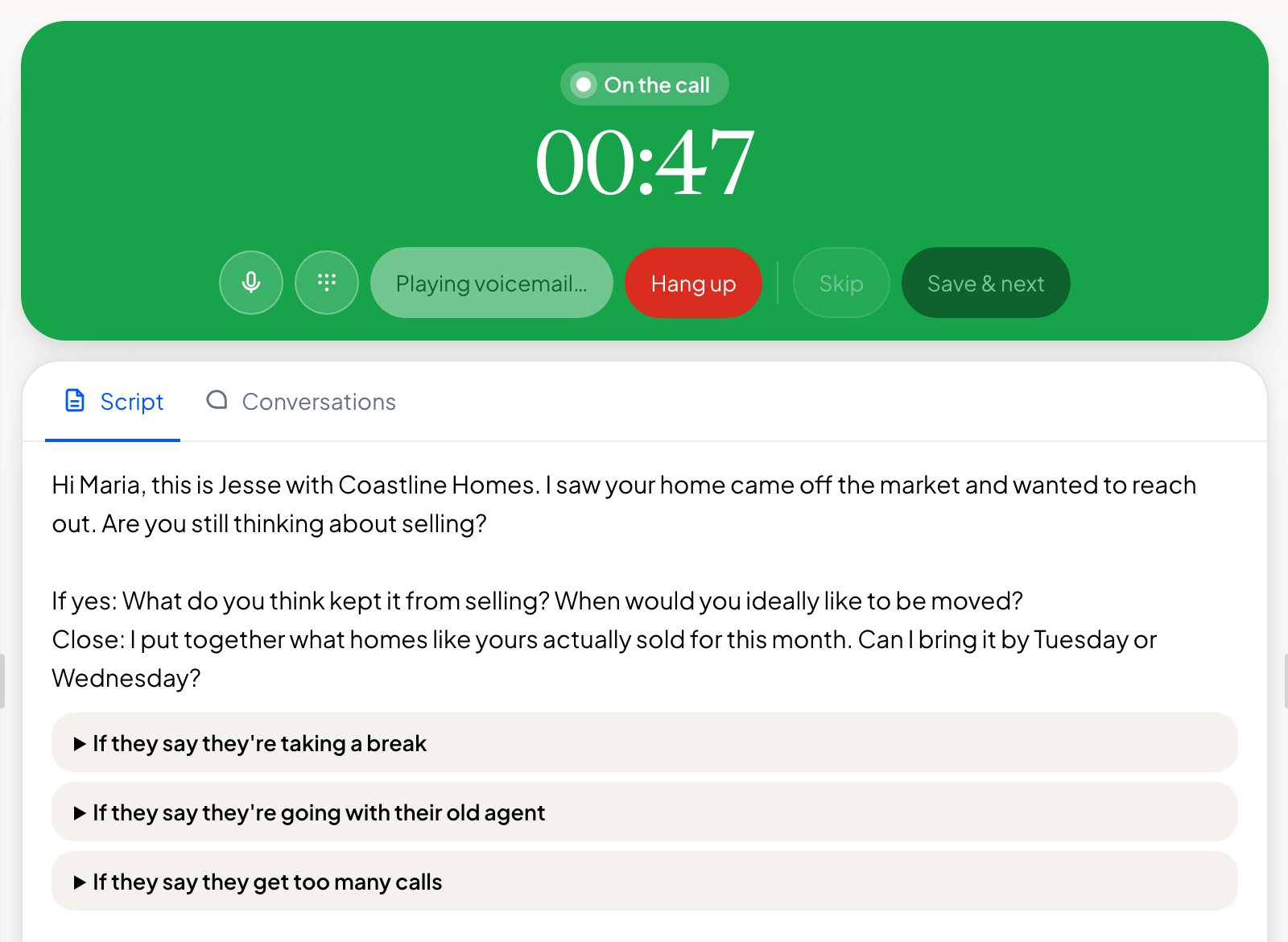 A call in progress with a voicemail playing, and the call script with objection answers below